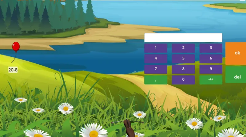 Gyakorló játék a 1. osztályos matek tananyagban (kivonás-lufivadász)