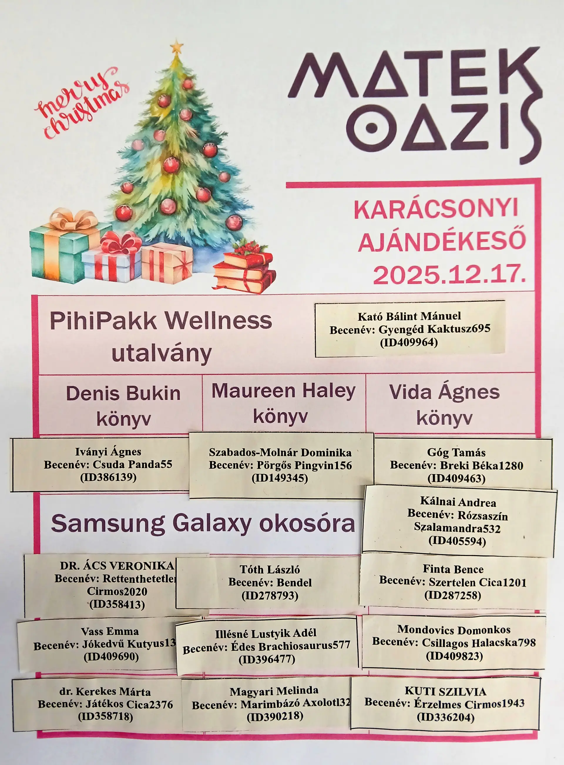 Karácsonyi ajándékeső -  Nyertesek