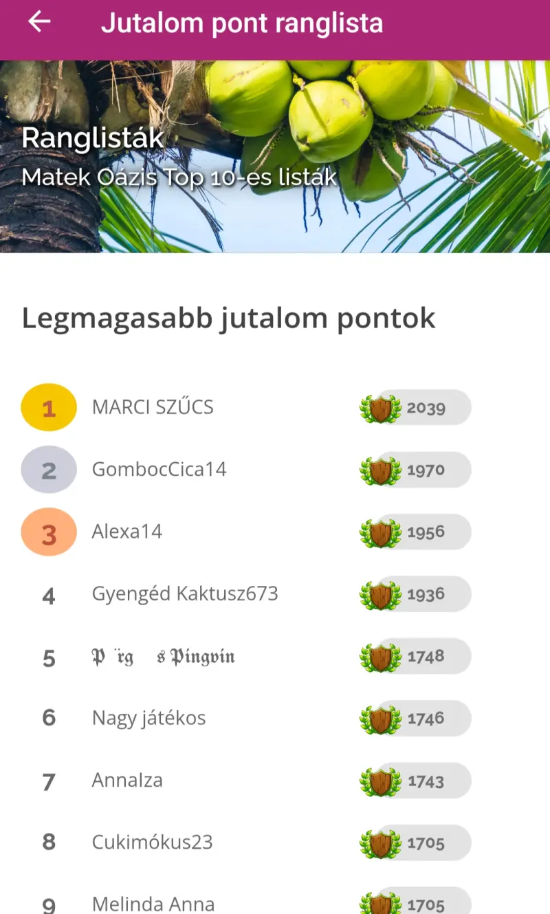 Kép A Matek Oázis applikációból: bekerültek a top10-es listák