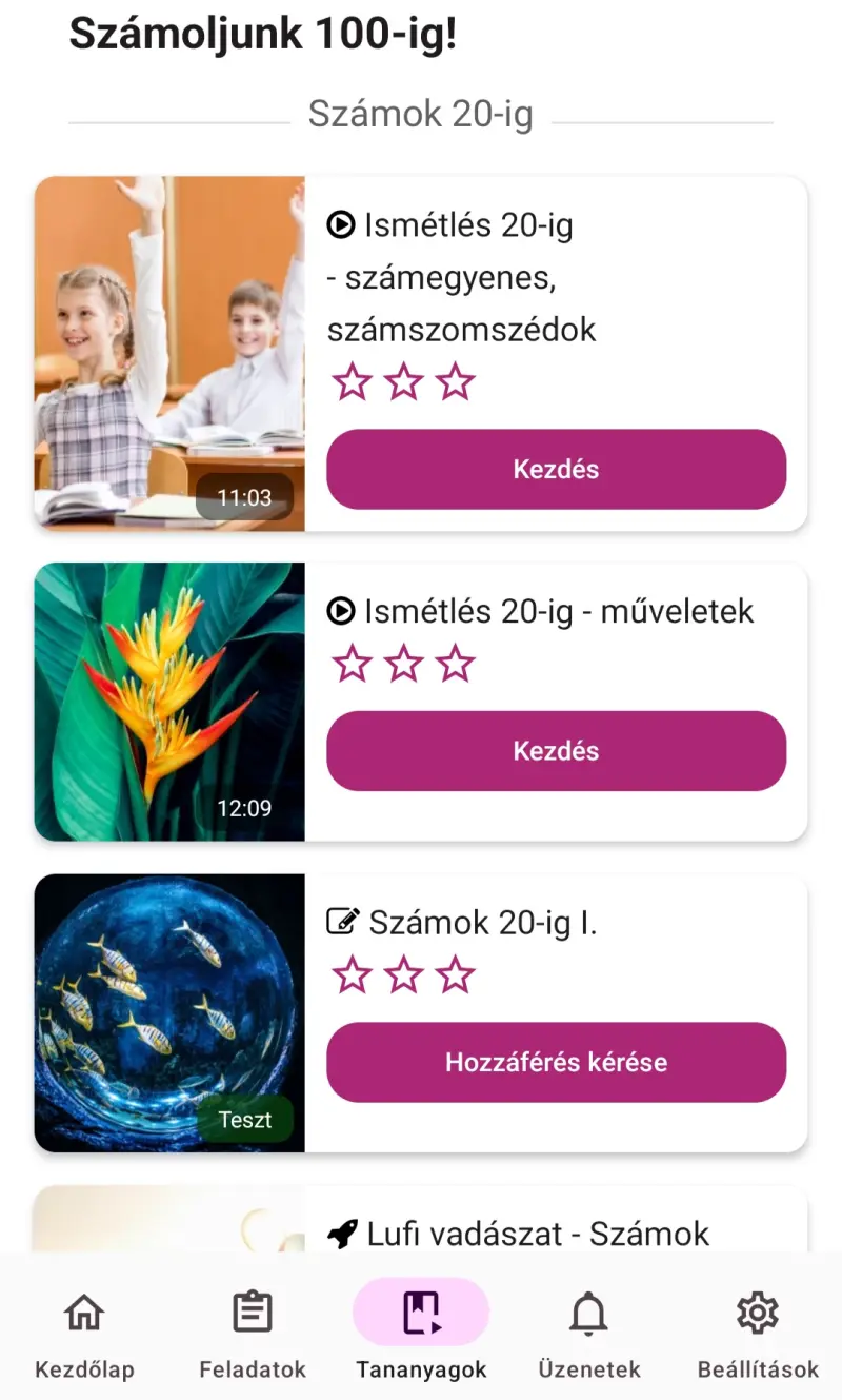 Kép A Matek Oázis applikációból: már kiírjuk a videók tipusát és hosszát