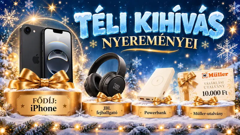 A Téli kihívás nyereményei: iPhone, JBL fejhallgató, krémszínű powerbank és Müller-utalvány